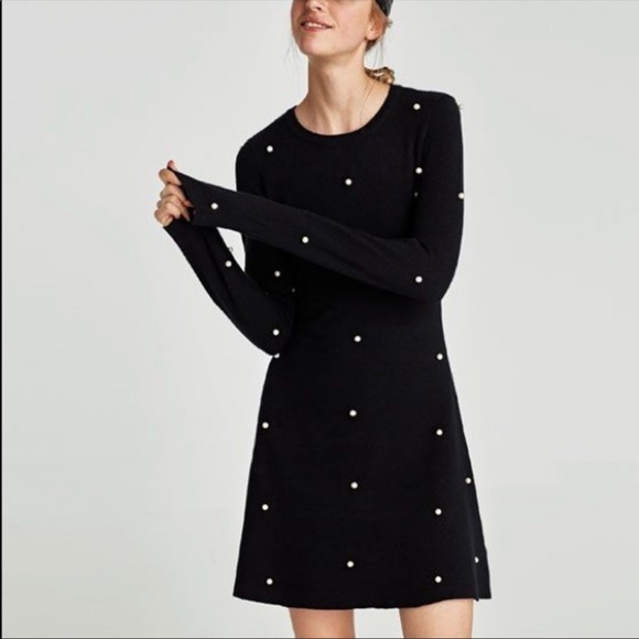 Zara Dresses & Skirts - Zara | Black Knit Skater Dress With Pearls Size M